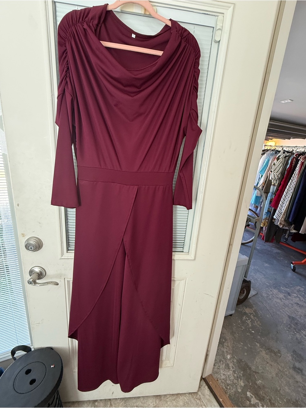Women's Draped Burgundy Long Sleeve Maxi Dress